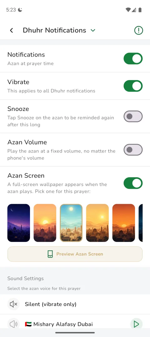 Per-prayer azan settings