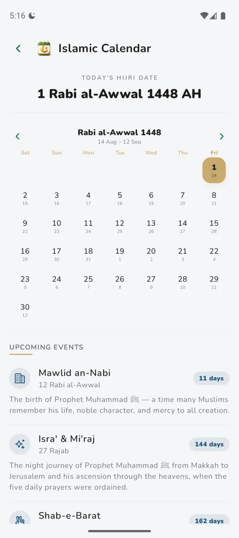 Hijri calendar with Islamic events