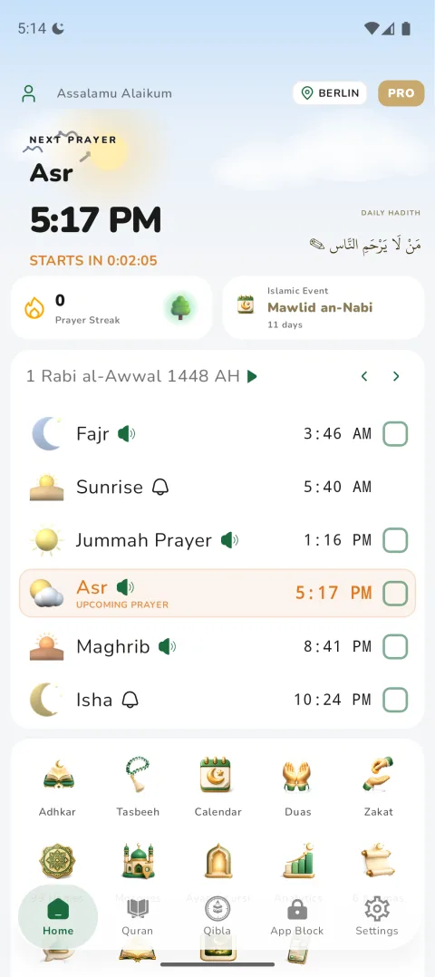 Home screen with next prayer countdown